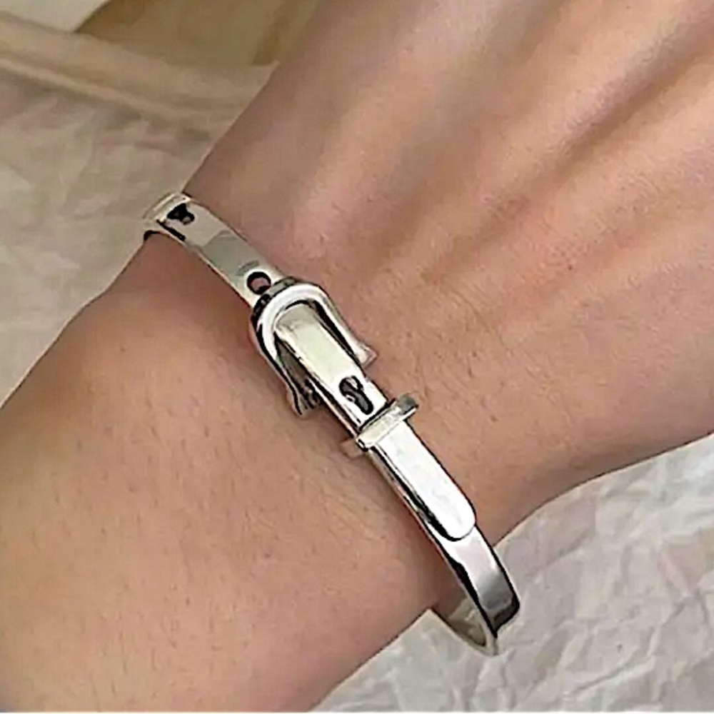 Sterling Silver Buckle Bracelet Bangle Adjustable Unisex Belt Geometric